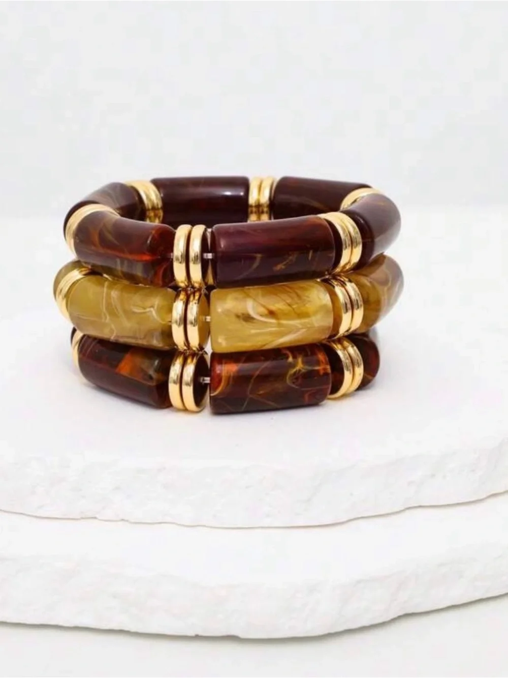 3pcs Ladycoco vintage deformed Brown/Amber Resin Beaded Bracelet